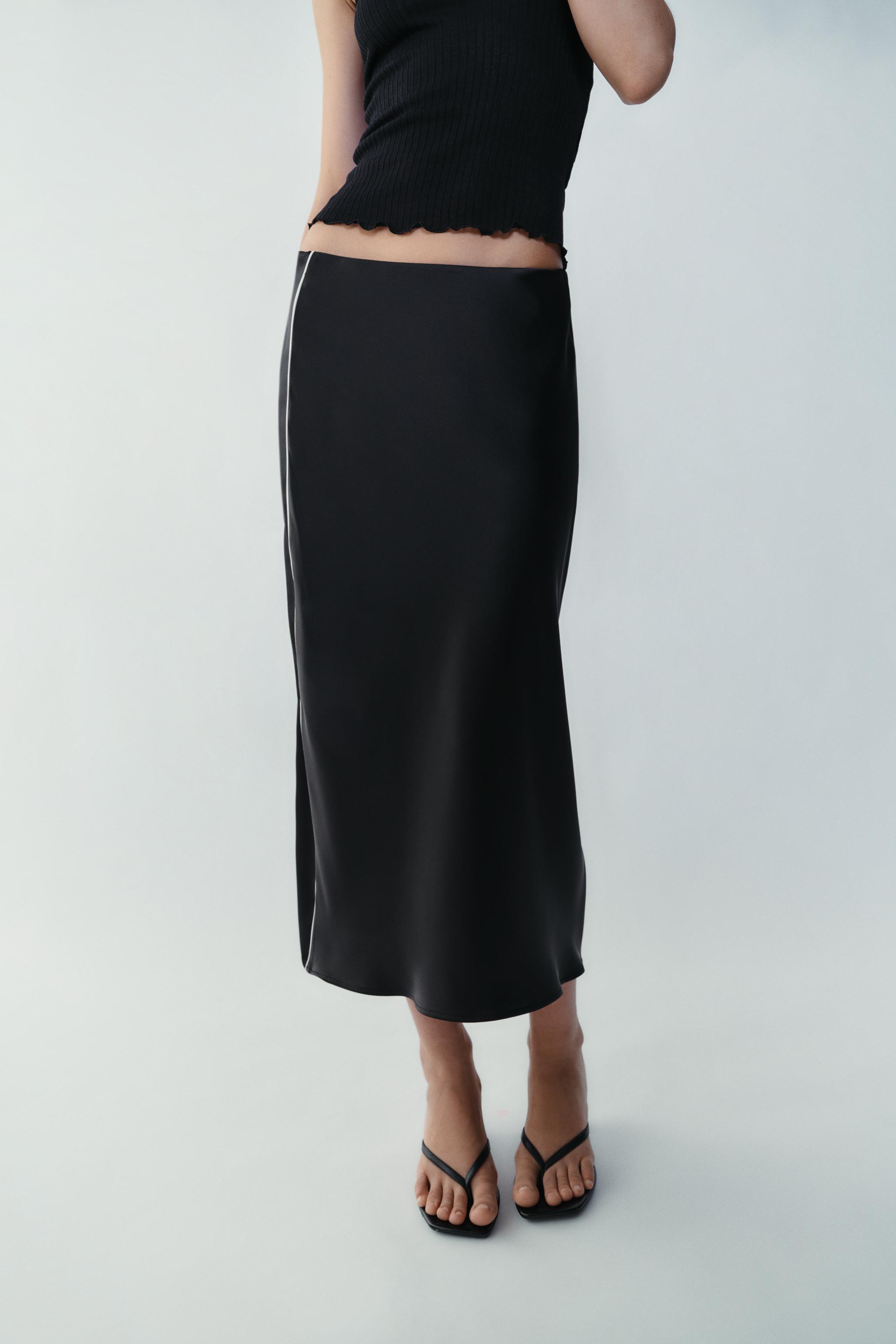 CONTRAST PIPING SATIN MIDI SKIRT